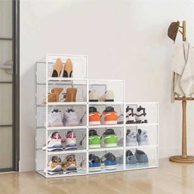 12Pcs White Adjustable Stackable Plastic Shoe Storage Box Organiser 33cm W x 23cm D x 14cm H