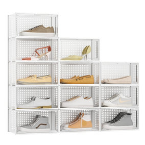 12Pcs White Stackable Plastic Shoe Box Sneakers Storage Box Organiser, Fit Size up to 12