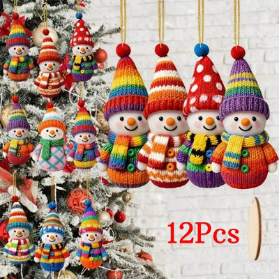 12Pcs Wooden Snowman Hanging Ornaments, Cute Colourful Christmas Tree ...