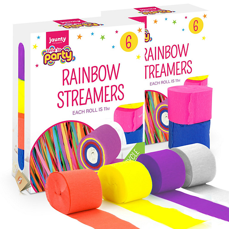 12pk Rainbow Streamers Party Decorations, 2x6pk Crepe Paper Streamer  Curtain & Craft, 11 Meters Each Long, Assorted Colours
