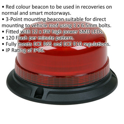 12V / 24V LED Rotating Red Hazard Beacon Light - 3x Bolt Roof Fixing Points
