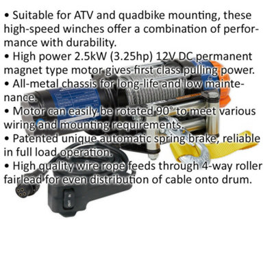 12V ATV Quadbike Recovery Winch - 2040kg Line Pull - All Metal Chassis