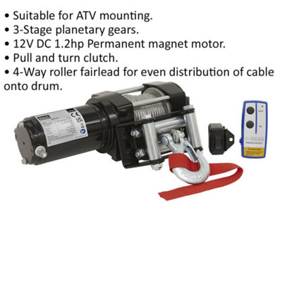 12V ATV Winch - 1000kg Line Pull - 3 Stage Planetary Gears - Pull & Turn Clutch