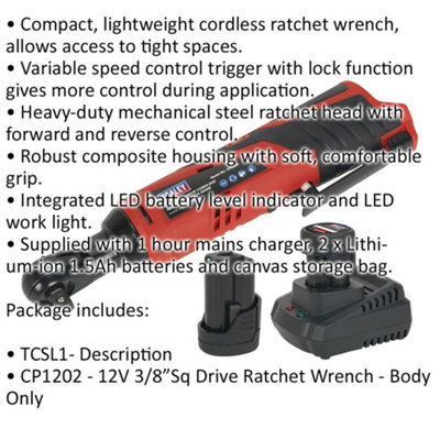 12V Cordless 3/8" Ratchet Wrench Kit with Dual Batteries & Variable Speed Control