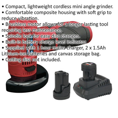 12V Cordless Angle Grinder Kit - Includes 2 x 1.5Ah Batteries & Charger - Bag