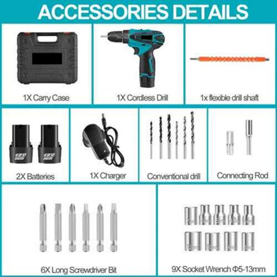 12V Cordless Drill Combi Driver, Electric Screwdriver, 2 Batteries