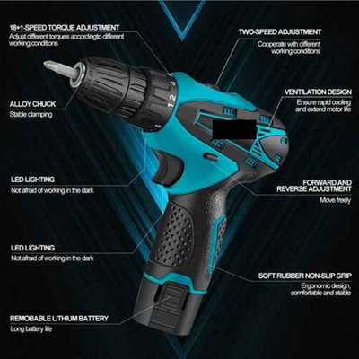 12V Cordless Drill Combi Driver, Electric Screwdriver, 2 Batteries