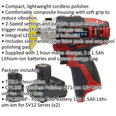 12V Cordless Polisher Kit - Includes 2 x 1.5Ah Batteries & Battery Charger - Bag