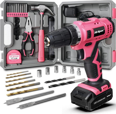 12V Pink Cordless Power Drill with Drill Bits and Screwdriver Hand Tool Set 30Pc