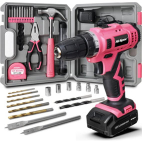 12V Pink Cordless Power Drill with Drill Bits and Screwdriver Hand Tool Set 30Pc
