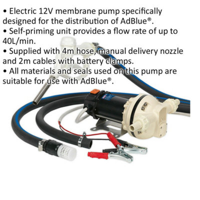 12V Portable AdBlue Transfer Pump - Self-Priming - Manual Delivery Nozzle