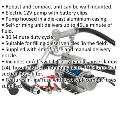 12V Portable Diesel & Fluid Transfer Pump - Self-Priming Manual Delivery Nozzle