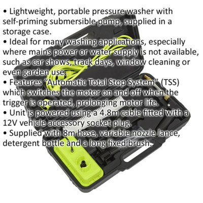 12V Portable Pressure Washer Kit - Self-Priming Submersible Pump - 8m Hose