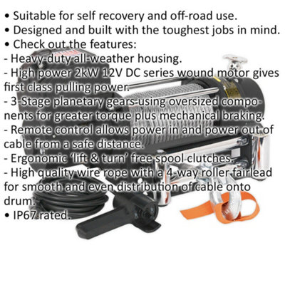 12V Self-Recovery Winch - 5450kg Line Pull - 2kW DC Wound Motor - IP67 Rated