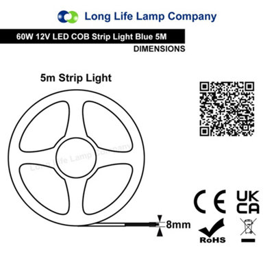 12W LED Tape Strip Light IP65 Continuous COB Illumination 5m 12V Blue