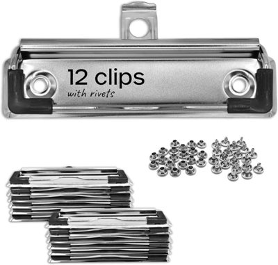 12x Durable Metal Clipboard Clips with Spring-Loaded Design, Rubber Edge, Retractable Hanging Hole, and Mounting Rivets