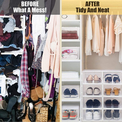 12x Plastic Shoe Storage Boxes Drawer Stackable Foldable Organiser.
