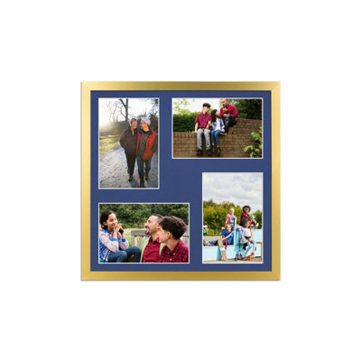 12X12 Gold Sleek Multi Photo Frame with Blue Mount - Holds 4 Apertures ...