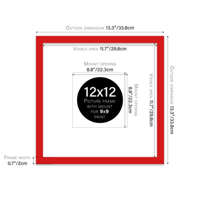12x12" Red Picture Frame - 12x12" Square Frame with 9x9" Mount for 12x12"/9x9" Pictures Moderrn Style Thin Edge, 1 Pack