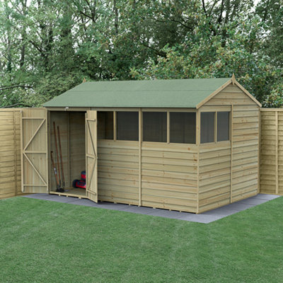 12x8  4LIFE Reverse Apex Shed 25yr Guarantee Overlap Pressure Treated  - Double Door - 6 Windows
