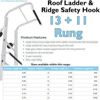 13 + 11 Rung Roof Ladder & Ridge Safety Hook Double Section 6m MAX Grip Steps