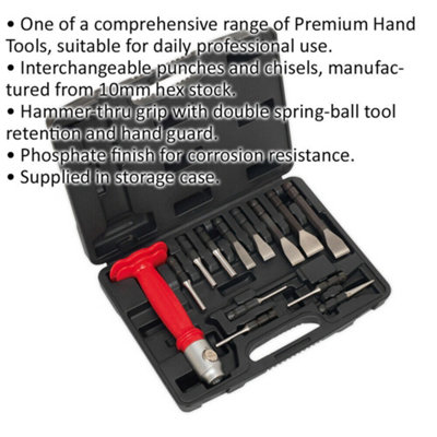 13 Piece Interchangeable Punch & Chisel Set - Hammer Through Grip - Storage Case