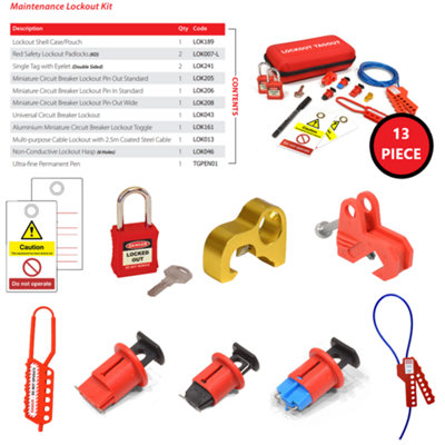 13 Piece Lockout Electrical Maintenance Kit - Padlocks - Tags - Circuit Breakers - Cable Lockout - Hasp - Pen - Carry Pouch - 3