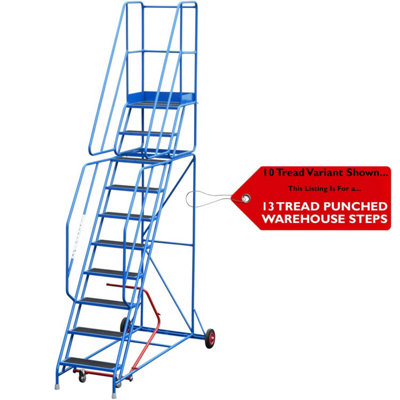 13 Tread Mobile Warehouse Safety Ladder with Punched Steps - EN131-7 Certified