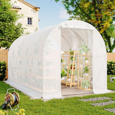 13 x 6 ft White Outdoor Walk In Tunnel Greenhouse with Steel Frame Roll Up Door Windows