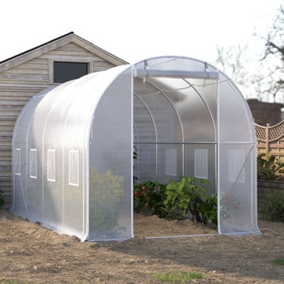 13 x 6 ft White Outdoor Walk In Tunnel Greenhouse with Steel Frame Roll Up Door Windows