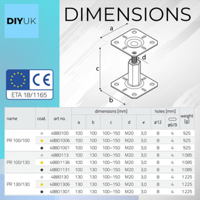 130mm x 100mm ( 5" x 4" ) Heavy Duty Galvanised Adjustable 100-150mm Elevated Post Base Support