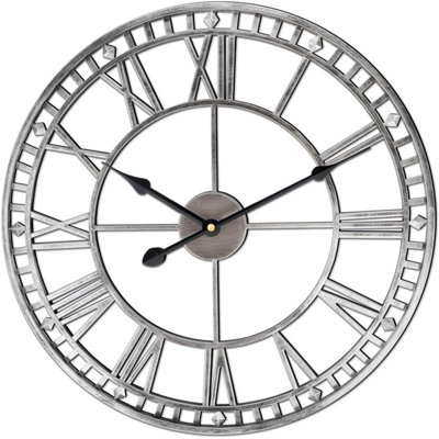  - Large 60Cm Wall Clock Round Metal Silent Non-Ticking Battery Operated Silver Roman Numerals Clocks For Home