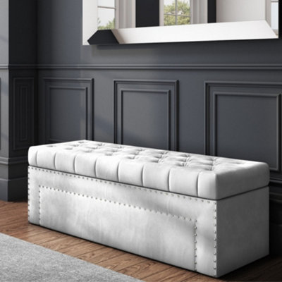 137cm Duke Ottoman Storage Box -Chesterfield Upholstered Blanket Box - Silver Plush Velvet Ottoman Bench