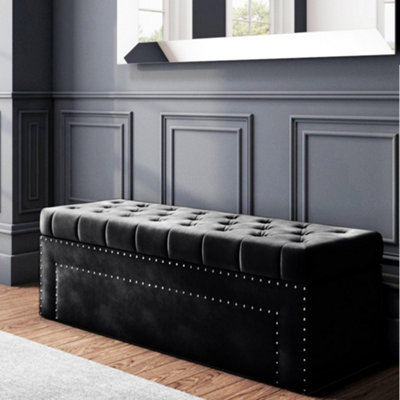 137cm Duke Ottoman Storage Box Upholstered Blanket Box Black Plush Velvet Ottoman Bench DIY at B Q