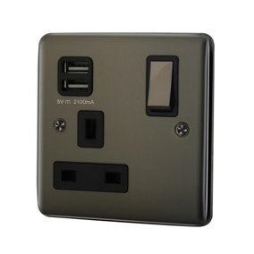 13A 1 Gang Electric and USB  Switched Socket With USB - Black Nickel