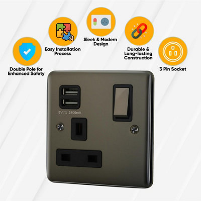 13A 1 Gang Electric and USB Switched Socket With USB - Black Nickel