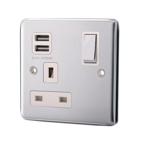 13A 1 Gang Switched Socket +2x1.0A USB Outlet - Brushed Steel