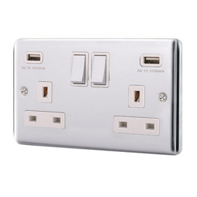 13A 2 Gang Switched Socket With USB Outlet  - Brushed Steel
