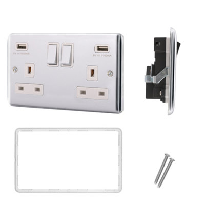 13A 2 Gang Switched Socket With USB Outlet  - Brushed Steel