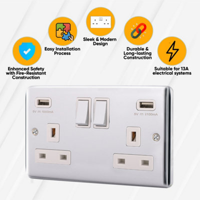13A 2 Gang Switched Socket With USB Outlet  - Brushed Steel - 4