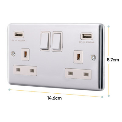 13A 2 Gang Switched Socket With USB Outlet  - Brushed Steel - 5
