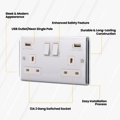 13A 2 Gang Switched Socket With USB Outlet  - Brushed Steel - 6