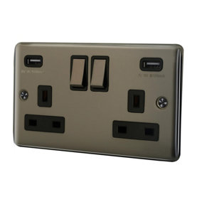 13A 2 Gang Switched Socket With USB Outlet + Neon Single Pole - Black Nickel
