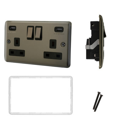 13A 2 Gang Switched Socket With USB Outlet + Neon Single Pole - Black Nickel