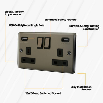 13A 2 Gang Switched Socket With USB Outlet + Neon Single Pole - Black Nickel - 3