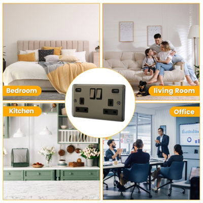 13A 2 Gang Switched Socket With USB Outlet + Neon Single Pole - Black Nickel - 5