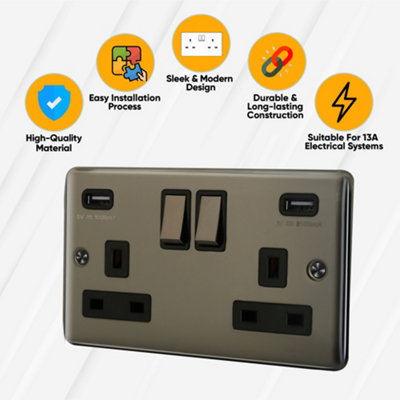 13A 2 Gang Switched Socket With USB Outlet + Neon Single Pole - Black Nickel - 6