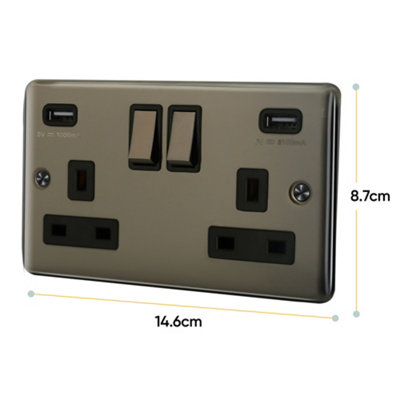 13A 2 Gang Switched Socket With USB Outlet + Neon Single Pole - Black Nickel - 7