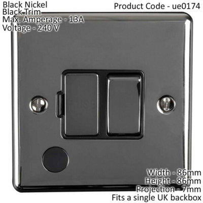 13A DP Switched Fuse Spur & Flex Outlet BLACK NICKEL & Black Mains Isolation