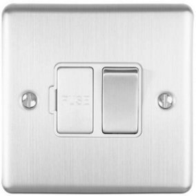 13A DP Switched Fuse Spur SATIN STEEL & White Mains Isolation Wall Plate